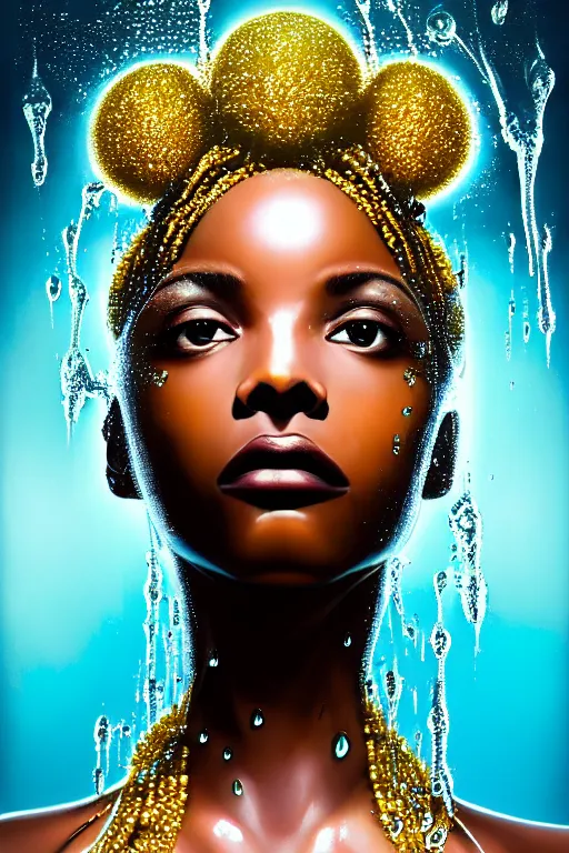 Image similar to hyperrealistic post - futurist cinematic profile very expressive! black oshun goddess, in water! up to shoulders, mirror dripping droplet!, gold flowers, highly detailed face, digital art masterpiece, smooth eric zener cam de leon, dramatic pearlescent turquoise light on one side, low angle uhd 8 k, shallow depth of field