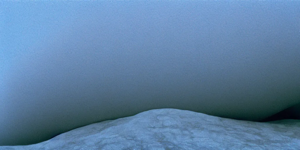 Image similar to a strange huge translucent pvc inflated organic architecture building with blue fluffy fur inside by anish kapoor sits in the rock mountains, film still from the movie directed by denis villeneuve with art direction by zdzisław beksinski, close up, telephoto lens, shallow depth of field