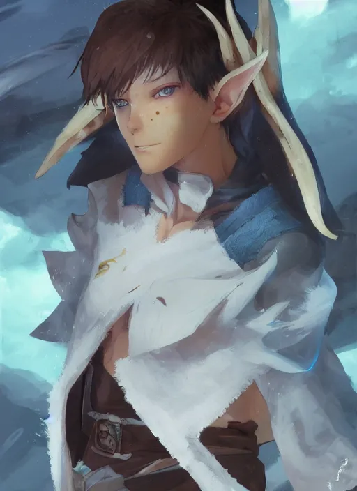 Image similar to concept art painting of a woman with brown skin and short white hair, demon horns, elf ears, full clothing, blue clothes, robes, detailed, cel shaded, in the style of ruan jia and artgerm and makoto shinkai and james gurney