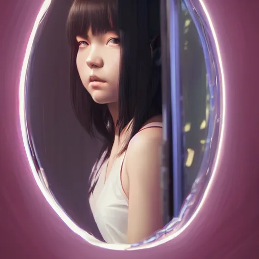 Image similar to very small little girl by ross tran, touching their reflection in the mirror sana takeda, rtx reflections, very high intricate details, digital anime art by artgerm, medium shot, mid - shot, composition by ilya kuvshinov, lighting by greg rutkowski