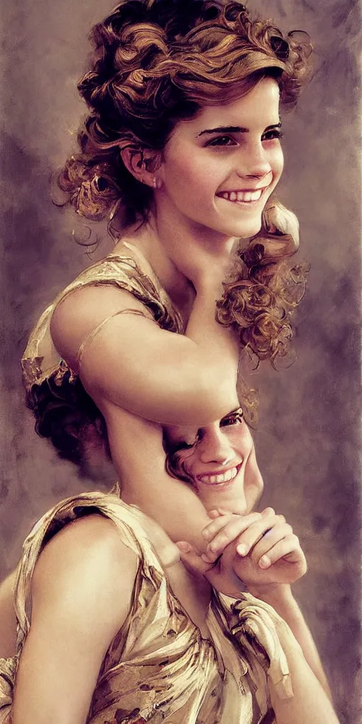 Prompt: emma watson smiling smiling smiling detailed portrait curly updo painting by gaston bussiere craig mullins j. c. leyendecker photograph by richard avedon peter lindbergh annie leibovitz