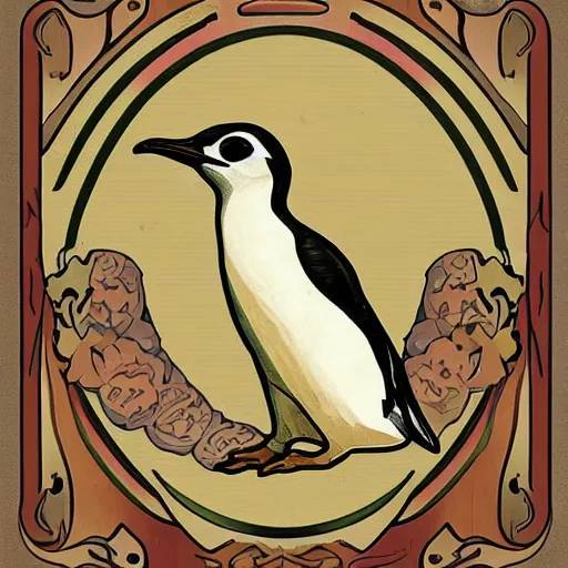 Image similar to wood penguin in the style of alphonse mucha