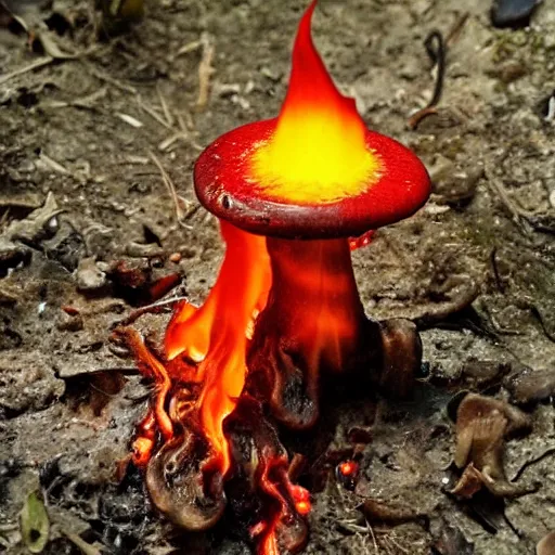 Prompt: a mushroom made out of fire, melting, dripping, gooey, swirling flames