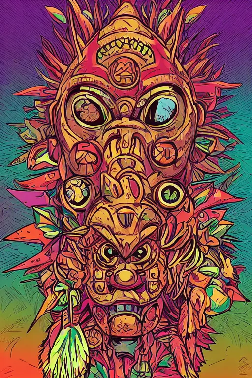 Image similar to animal mask totem roots flower tribal feather gemstone plant wood rock shaman vodoo video game vector cutout illustration vivid multicolor borderlands comics by josan gonzales and dan mumford radiating a glowing aura