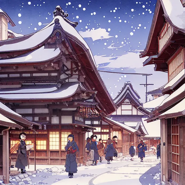 Image similar to japanese rural town, winter, in the style of studio ghibli, j. c. leyendecker, greg rutkowski, artem