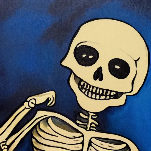 Image similar to winking smiling skeleton, painting