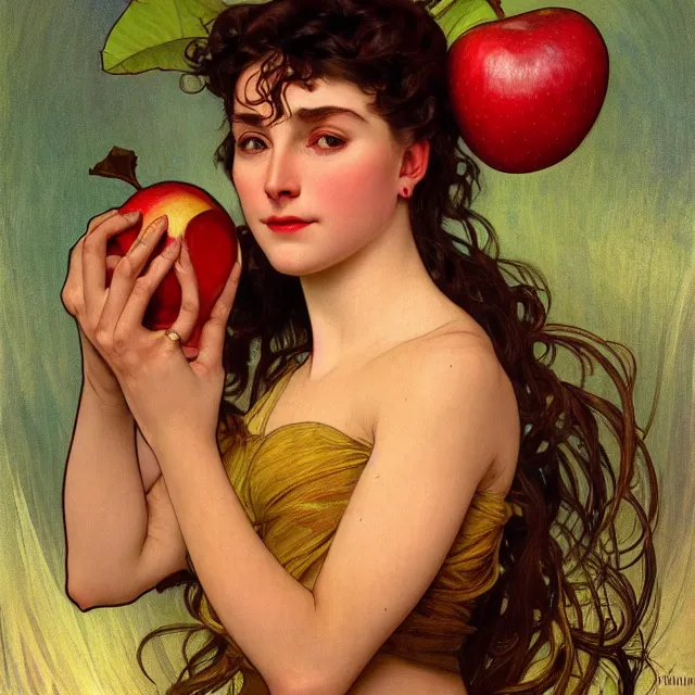 Image similar to an aesthetic! detailed close - up portrait of an aesthetic woman crying mournfully while holding an apple, by frank frazetta and alphonse mucha, oil on canvas, bright colors, art nouveau, epic composition, dungeons and dragons fantasy art, hd, god - rays, ray - tracing, crisp contour - lines, huhd - 8 k