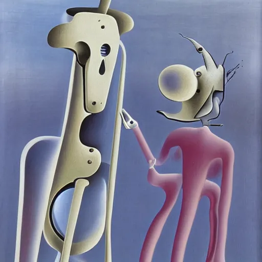 Prompt: Two mechanical beings in a deep conversation. Dali. Yves Tanguy,