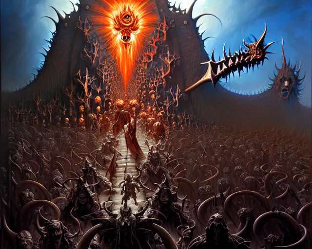 Image similar to the army of darkness and devils, fantasy character portrait made of fractals facing each other, ultra realistic, wide angle, intricate details, the fifth element artifacts, highly detailed by peter mohrbacher, hajime sorayama, wayne barlowe, boris vallejo, aaron horkey, gaston bussiere, craig mullins