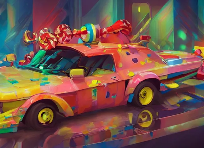 Prompt: concept design of cute candy cars for wreck - it ralph, oil painting by eren arik and jama jurabaev, extremely detailed, brush hard, artstation, high quality, brush stroke