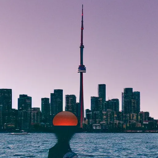 Prompt: Toronto tourist guide with planet mars as a head, dramatic cinematic lighting, Toronto landmarks background