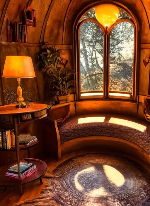 Image similar to an incredibly beautiful scene from a 2 0 2 2 marvel film featuring a cozy art nouveau reading nook in a fantasy treehouse interior. an end table with a lamp. golden hour. 8 k uhd.