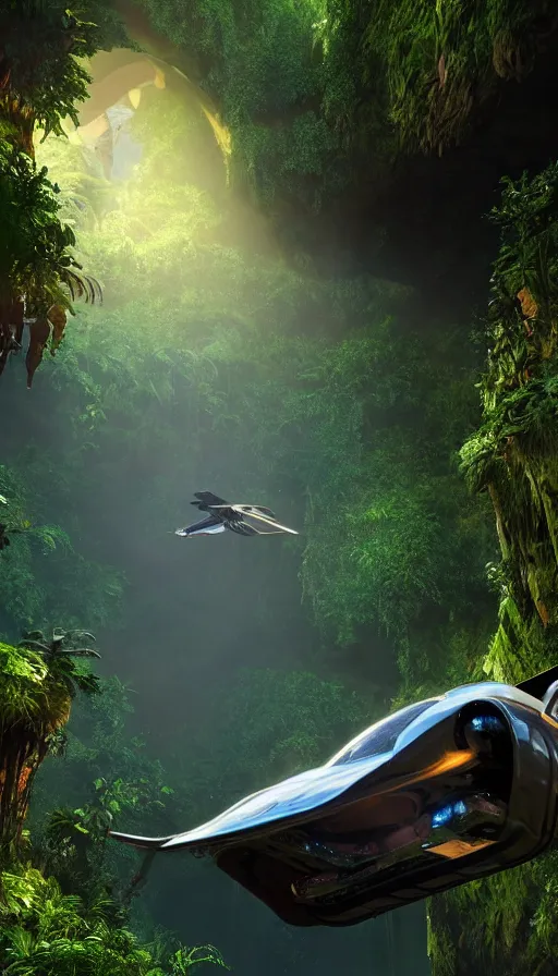 Image similar to a sci - fi flying car floating in a prehistoric jungle cave, lush flora, waterfall, sunset, hazy, volumetric lighting, rtx on, photorealistic render, unreal engine 5