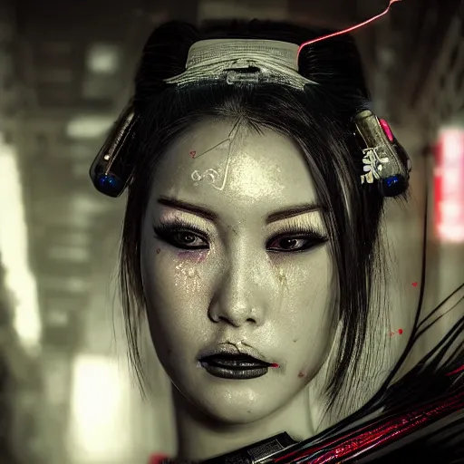 Image similar to a hyper realistic stunningly cyborg tradition geisha photograph, covering face with a intricate sci - fi fan, in a dark street, metal gear solid, dark moody backlighting, ray tracing, octane render,