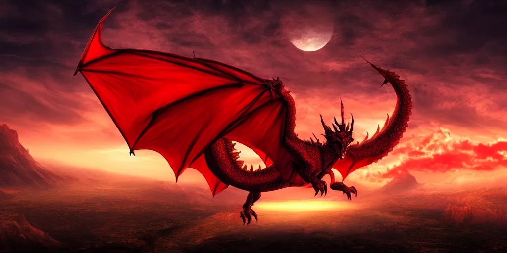 Prompt: landscape image with enormous red dragon flying through the sky, extremely detailed digital matte painting, clear skies, night, vibrant, stunning lighting.