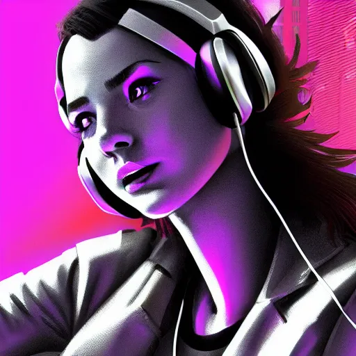 Image similar to synthwave girl wearing headphones, animated, trending on artstation, portrait