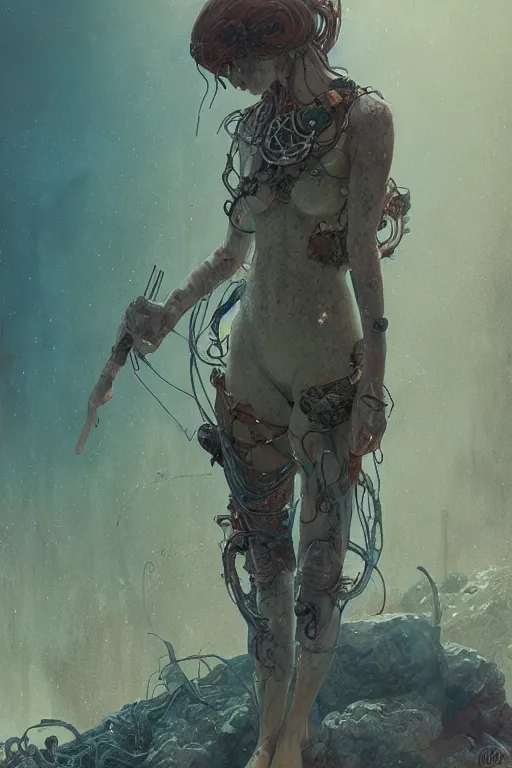 Image similar to a full body portrait of a beautiful post apocalyptic offworld neoicelandic biofarmer swimming by the watering hole, intricate, elegant, highly detailed, digital painting, artstation, concept art, smooth, sharp focus, illustration, art by krenz cushart and artem demura and alphonse mucha