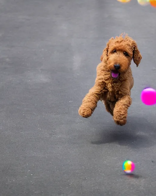 Prompt: stock photos of a golden doodle puppy chasing after a toddler who is blowing giant soap bubbles
