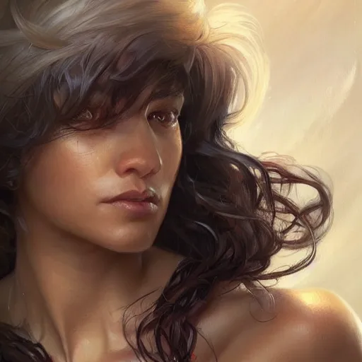 Image similar to beautiful, strong, mixed race, female, aged 4 0, face, head shot, fantasy, highly detailed, digital painting, artstation, concept art, smooth, sharp focus, illustration, art by artgerm and greg rutkowski and alphonse mucha