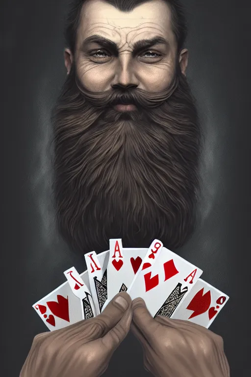 Image similar to bearded round face with no moustache, magician holding playing cards, realistic, modern, magicians eyes are covered with cloth, intricate, elegant, highly detailed, digital painting, artstation, concept art, addiction, chains, smooth, sharp focus, illustration, art by ilja repin