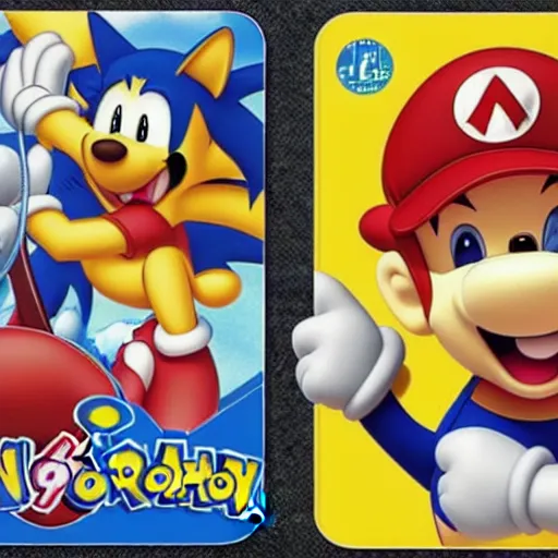 Image similar to photograph of winnie the pooh and super mario and sonic the hedgehog anime style, on pokemon card packs at target