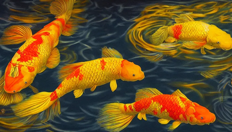 Prompt: golden glowing koi! fish swims in magical water with caustics and volumetric lighting, photorealistic painting