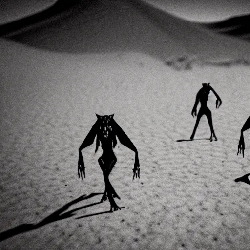 Image similar to photorealistic demonic creatures in the desert, film grain, washed out