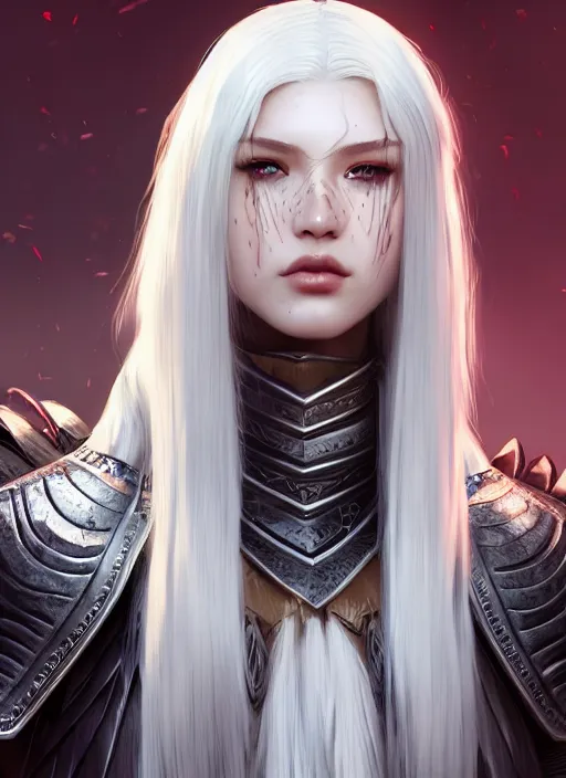 Image similar to warrior, fur leather armor!!! beautiful and elegant white hair female!! gorgeous ayes!! character concept art, sharp focus, octane render! unreal engine 5! highly rendered!! trending on artstation!! detailed linework!! illustration by artgerm, wlop, and chie yoshii