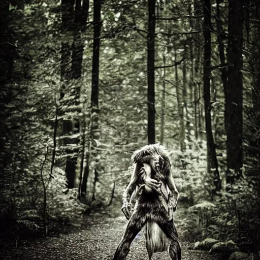 Prompt: werecreature consisting of! human and wolf, profressional photograph captured in a forest