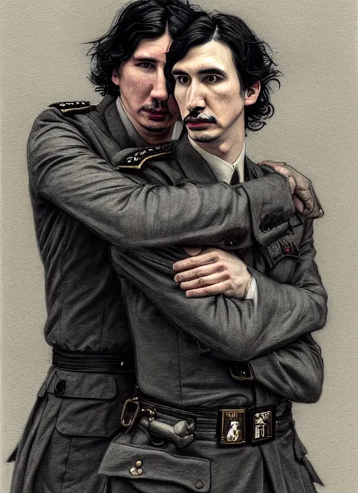 Image similar to painting of both john oliver and adam driver together, john oliver, adam driver, stoic, full body, military uniform, fantasy, intricate, elegant, beautiful, highly detailed, charcoal, centered, dark, smokey, digital painting, concept art, smooth, sharp focus, illustration, art by artgerm, art by greg rutkowski, art by alphonse mucha