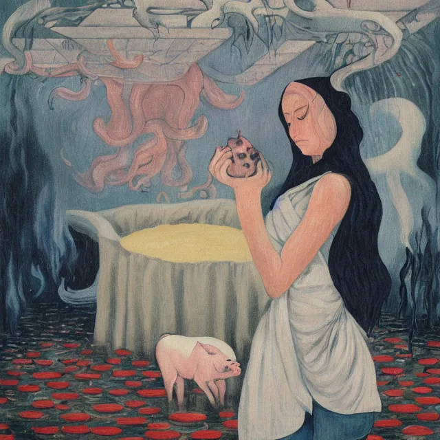 Image similar to tall female emo artist holding a pig in her flooded apartment, mushrooms, octopus, water gushing from ceiling, painting of flood waters inside an artist's apartment, a river flooding indoors, pomegranates, pigs, ikebana, zen, river, rapids, waterfall, black swans, canoe, berries, acrylic on canvas, surrealist, by magritte and monet