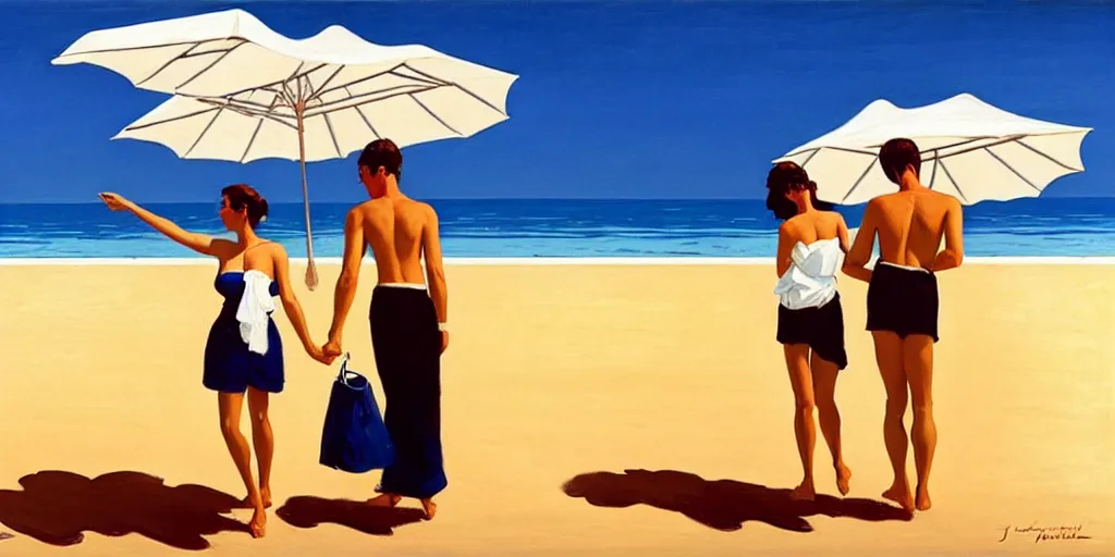 Image similar to a couple and a baby on a beach in sardinia, white sand, blue sky, summer, painting by jack vettriano