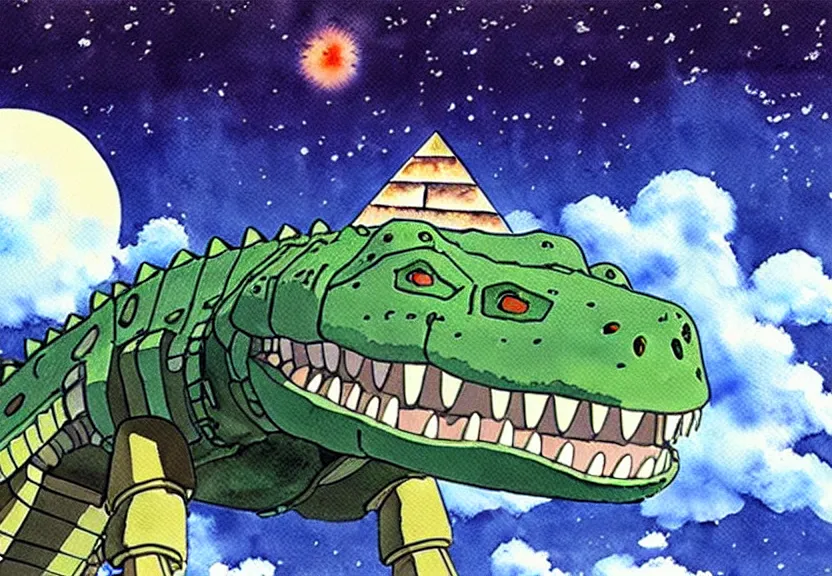 Image similar to a hyperrealist watercolor concept art from a studio ghibli film showing a giant mechanized crocodile from howl's moving castle ( 2 0 0 4 ). a pyramid is under construction in the background, in the rainforest on a misty and starry night. a ufo is in the sky. by studio ghibli