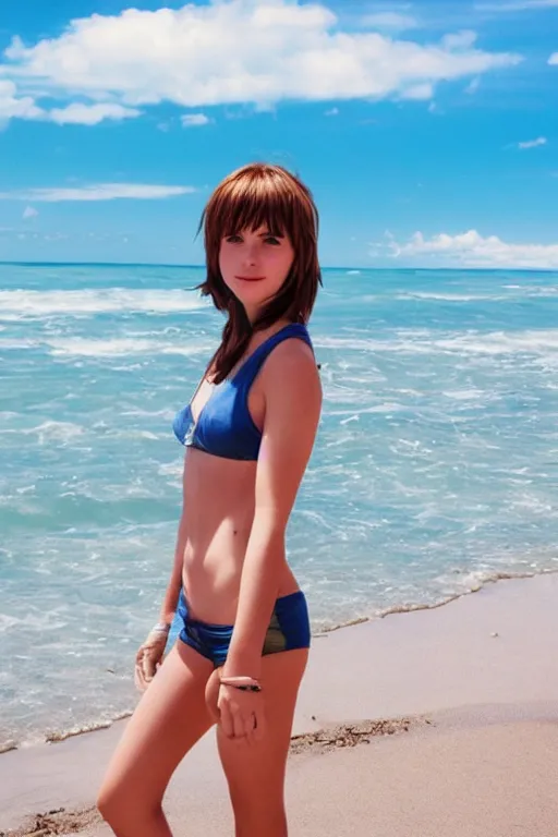 Prompt: Max Caulfield enjoying the summer on the beach