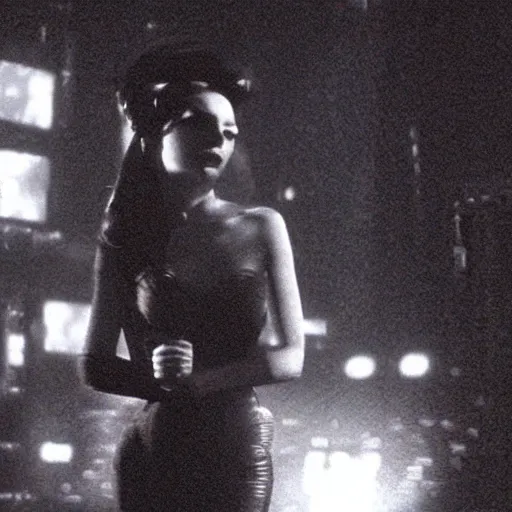 Image similar to beautiful android woman singing on stage in dimly lit nightclub, twilight zone, blade runner, dark city, sim city