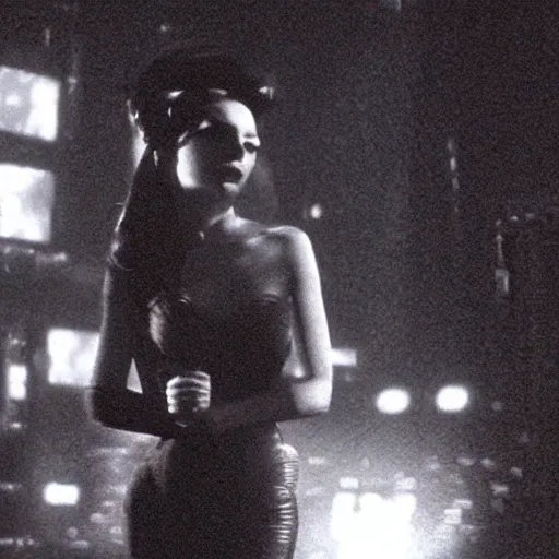 Prompt: beautiful android woman singing on stage in dimly lit nightclub, twilight zone, blade runner, dark city, sim city