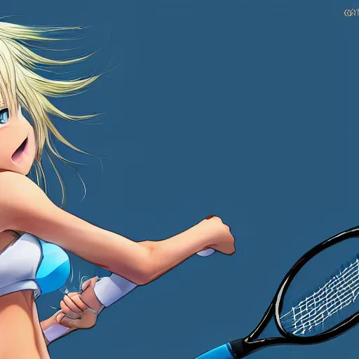 Image similar to a very beautiful young anime tennis girl, full body, long wavy blond hair, sky blue eyes, full round face,, bikini, miniskirt, front view, mid - shot, highly detailed, cinematic wallpaper by stanley artgerm lau