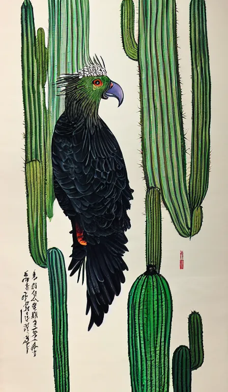 Prompt: Shen Quan's big turkey vulture sitting on cactus , hanging scroll, ink and colours on silk