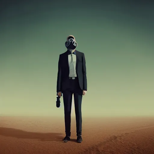 Prompt: man in a suit and wearing a gas mask standing in a desert wasteland background, dreary, smooth, beautifully detailed, sharp focus, cinematic lighting, unreal render, digital art, concept art, by alena aenami