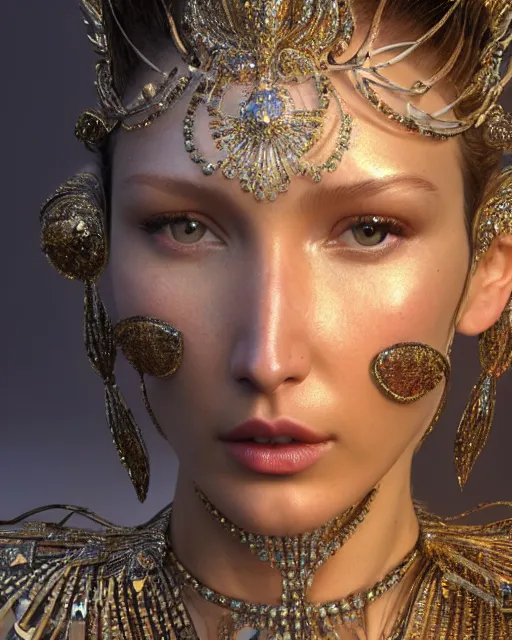 Image similar to a highly detailed metahuman 8 k close up render of bella hadid as shiva renaissance in iris van herpen dress schiaparelli in diamonds crystals swarovski and jewelry iridescent in style of alphonse mucha gustav klimt trending on artstation made in unreal engine 4