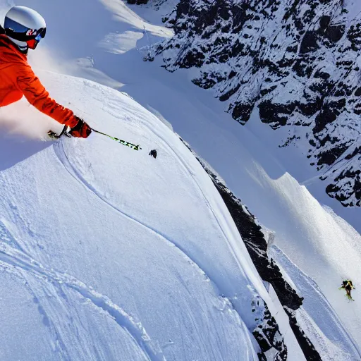 Prompt: skier in orange snow pants and black jacket skiing down a steep mountain face , aerial drone footage,