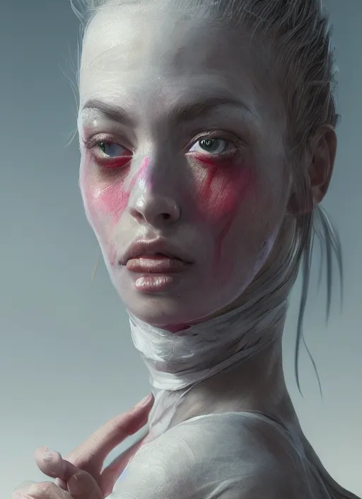 Prompt: portrait of beautiful girl with full pouty lips, skeksis, white face paint, bandaged nose, expressive eyes, fullbody, translucent skin, procedural rendering, greg rutkowski, charlie bowater, yuumei, yanjun cheng, unreal 5, daz, hyperrealistic, octane render, rpg portrait, dynamic lighting, fantasy art, beautiful face