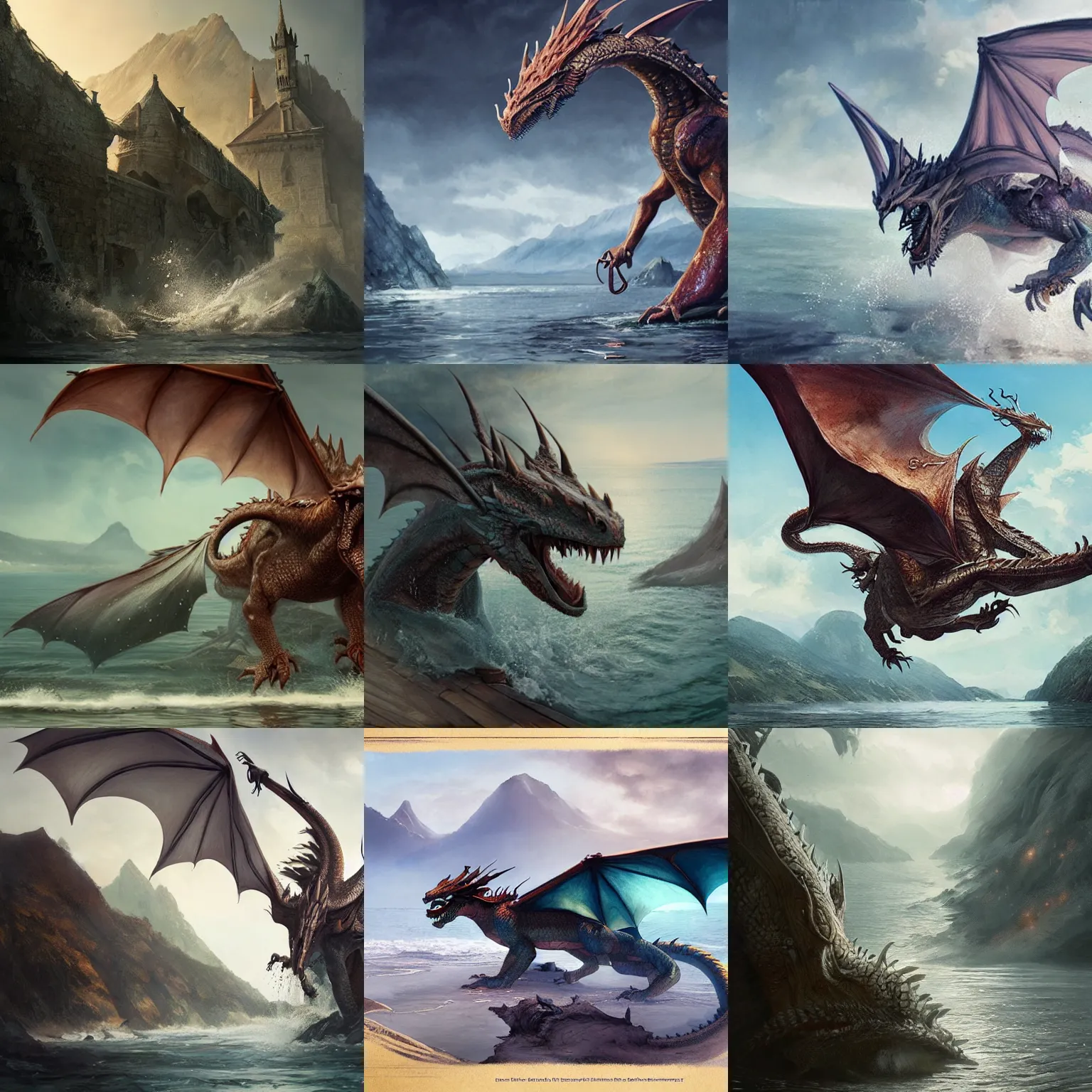 Prompt: an dragon emerges from the Balaton, detailed, photo realistic, water colour, concept art by Tapiró Baró, Greg Rutkowski and J.Dickenson