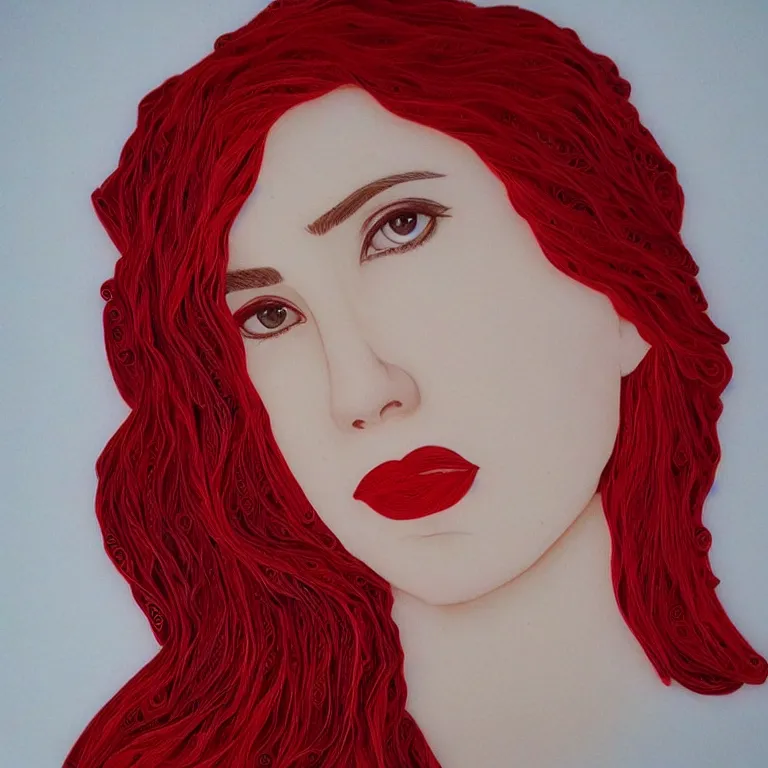 Image similar to young Scarlett Johansson with long red hair in the style of quilling