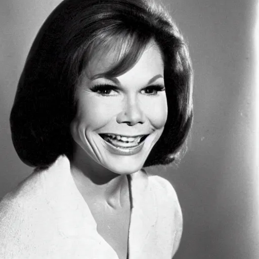 Image similar to A photo of Mary Tyler Moore in her younger days in a black and white photo. The date of the photo is 1963.