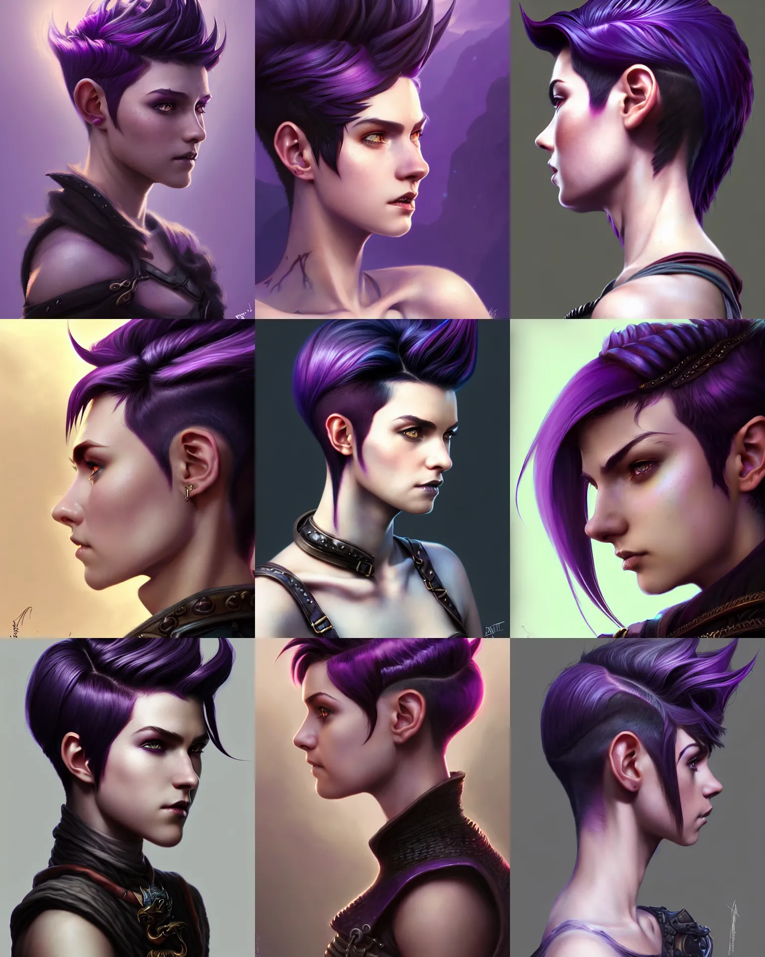 Prompt: Side-Portrait of rugged young adult female adventurer, Dungeons And Dragons Fantasy Magical, pixie undercut hairstyle, black to dark purple fade hairstyle, dragon scales in hair, cinematic rim light, highly detailed, digital painting, artstation, concept art, sharp focus, illustration, art by artgerm and greg rutkowski and alphonse mucha