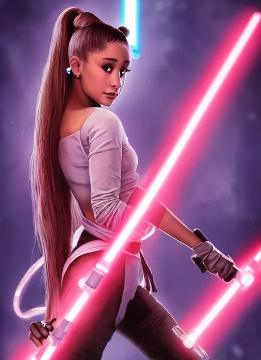 Image similar to An extremely detailed photo of Ariana Grande in the Star Wars universe holding the handles of two pink lightsabers held in each hand. Maximum detail on artstation, photo realism, vivd details, vivd colour, volumetric lighting