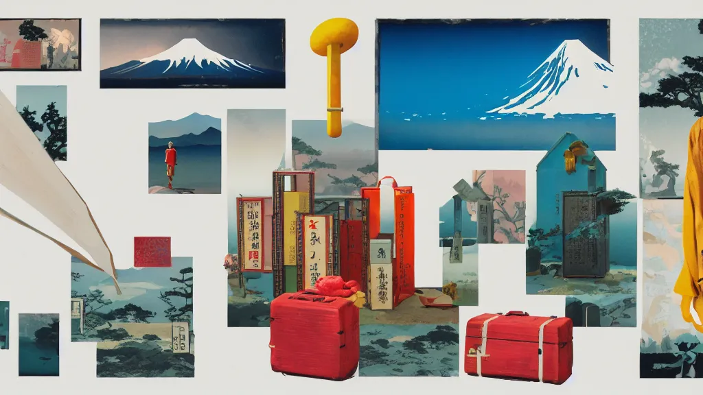 Image similar to an arrangement of traveller explorer props, japan, a collage painting, in the style of wes anderson, lola dupre, david hockney, isolated on negative white space background dark monochrome neon spraypaint accents volumetric octane render