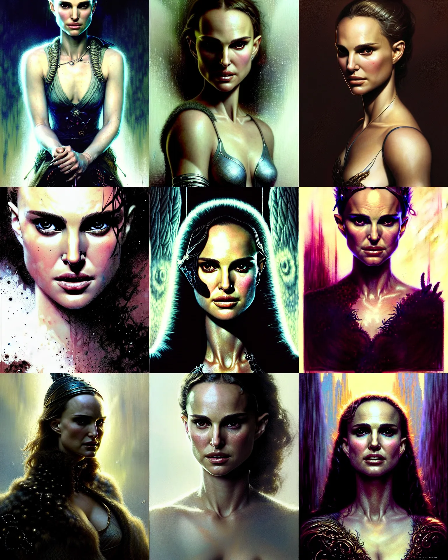 Prompt: a portrait of natalie portman fantasy character portrait, ultra realistic, cinematic, concept art, wide angle, intricate details, hologram, highly detailed by greg rutkowski, aaron horkey, gaston bussiere, craig mullins, simon bisley, arthur rackham