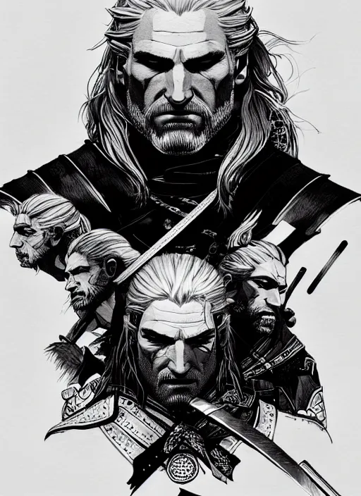 Image similar to portrait of geralt of rivia, sumi - e style, masterful, intense, ultrafine hyperdetailed illustration, concept art, detailed, intricate linework, art by yoji shinkawa